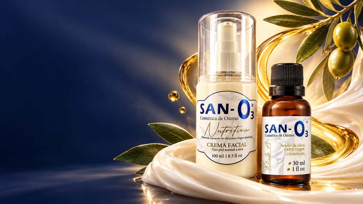 Crema facial nutritiva y aceite de oliva ozonizado SANO3 en sus envases originales
