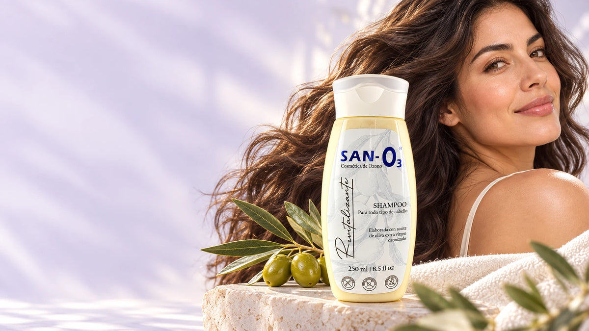 Shampoo Revitalizante SANO3 junto a una mujer de cabello ondulado en movimiento