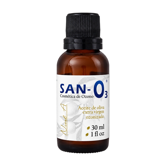 Aceite de oliva ozonizado · Nivel A SANO3, 30 ml, vista del envase