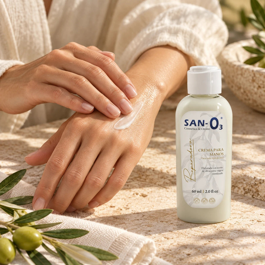 Crema para manos con ozono SANO3, 60 ml, durante un ritual de cuidado personal
