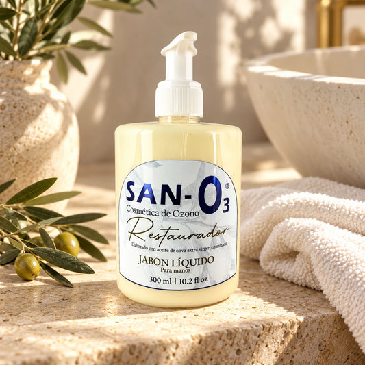 Jabón líquido para manos con ozono SANO3, 300 ml, en un entorno de cuidado con piedra y lino