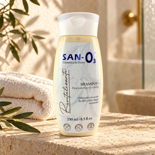 Shampoo revitalizante con ozono SANO3, 250 ml, en un entorno de cuidado con piedra y lino