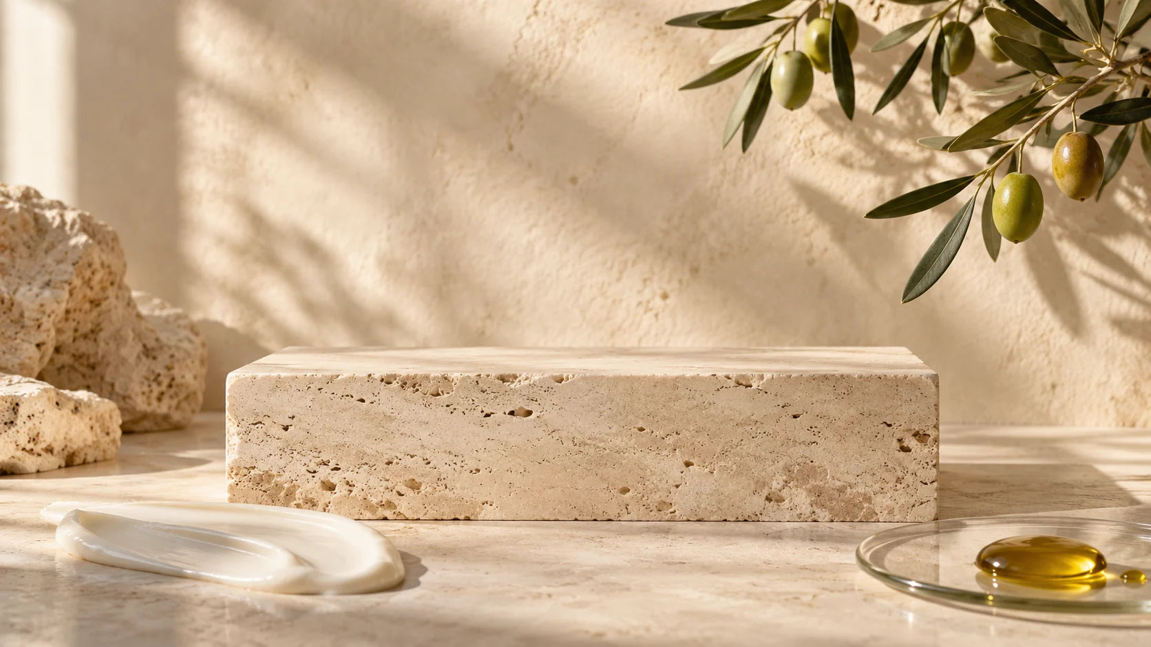 Imagen editorial de oliva, aceite y textura de crema sobre piedra clara